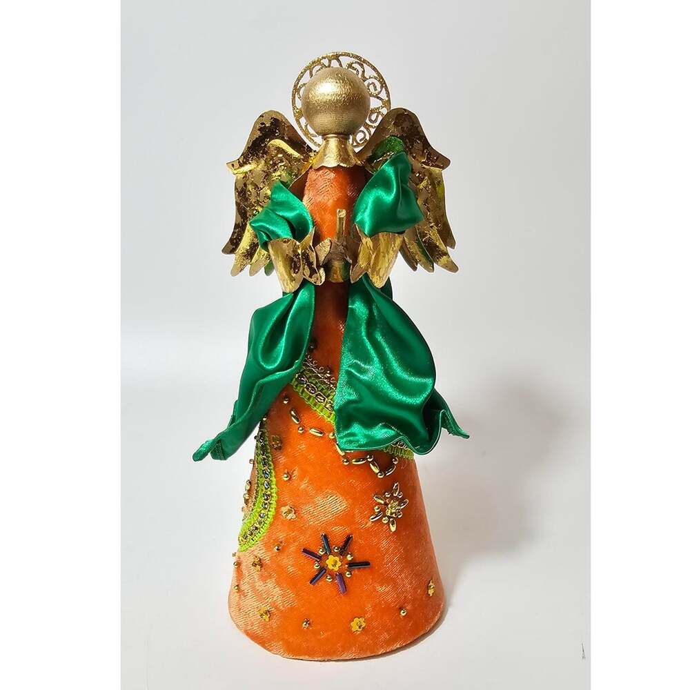 Early 2000s Velvet Beaded Christmas Angel Orange Green Gold Tabletop Decor